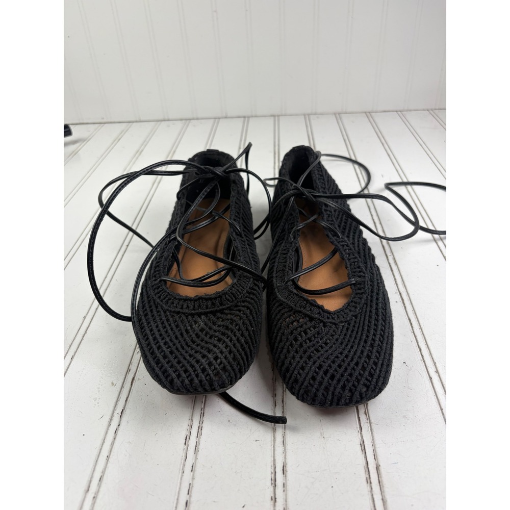 Vintage Y2K Black Woven Crochet Lace Up Ballet Flats Women's Size 7 - Picture 2 of 9